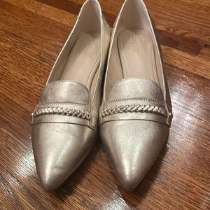 Cole Hahn Grand 360 Gold Leather Pointed Toe Loafers with Gold Braided Decal
